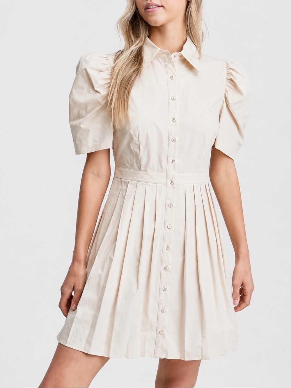 En Saison Pleated Poplin Button-Front Mini Dress Cream Size S